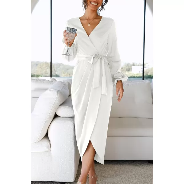 imagePRETTYGARDEN Womens Maxi Satin Puff Sleeve Wrap V Neck Ruched Belted Long Formal Cocktail DressesWhite