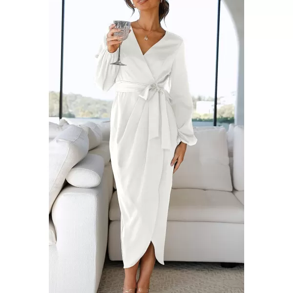imagePRETTYGARDEN Womens Maxi Satin Puff Sleeve Wrap V Neck Ruched Belted Long Formal Cocktail DressesWhite