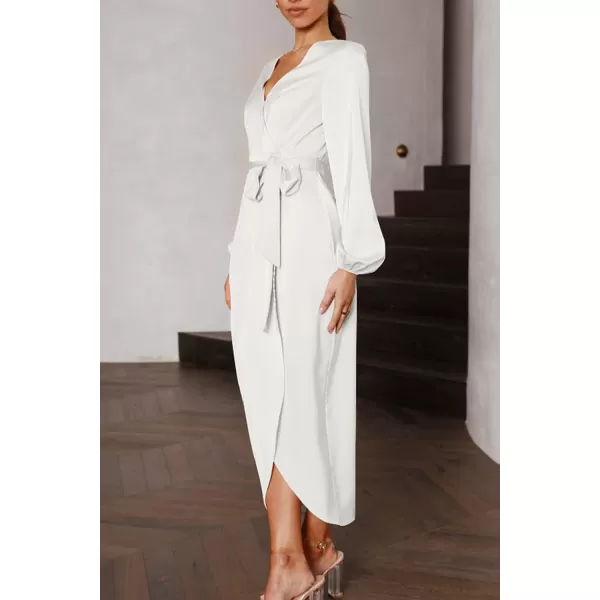 imagePRETTYGARDEN Womens Maxi Satin Puff Sleeve Wrap V Neck Ruched Belted Long Formal Cocktail DressesWhite
