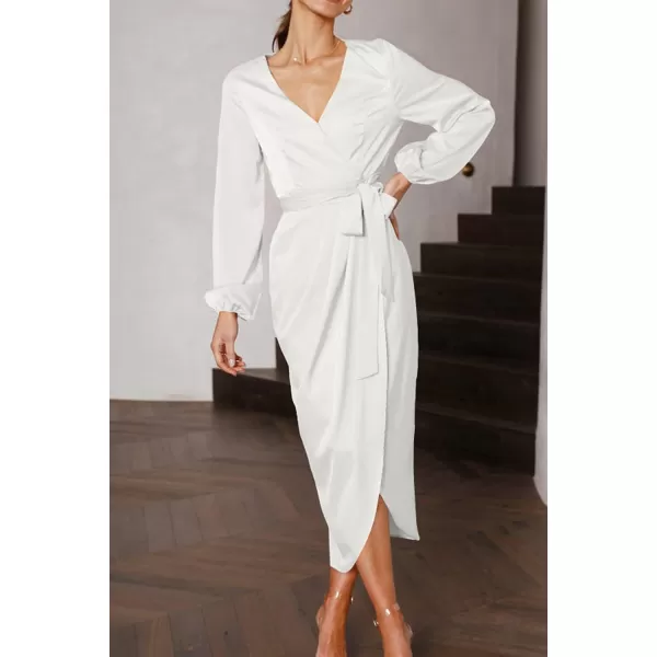imagePRETTYGARDEN Womens Maxi Satin Puff Sleeve Wrap V Neck Ruched Belted Long Formal Cocktail DressesWhite