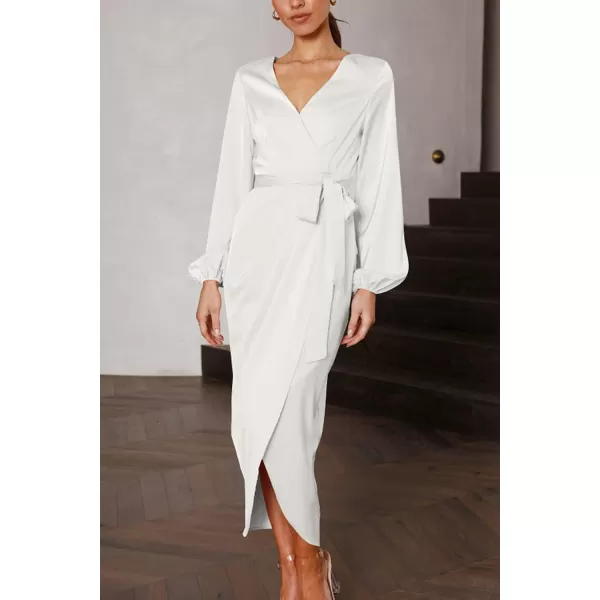 imagePRETTYGARDEN Womens Maxi Satin Puff Sleeve Wrap V Neck Ruched Belted Long Formal Cocktail DressesWhite