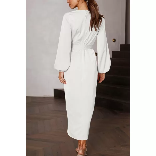imagePRETTYGARDEN Womens Maxi Satin Puff Sleeve Wrap V Neck Ruched Belted Long Formal Cocktail DressesWhite