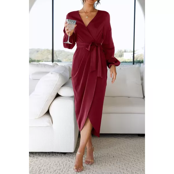 imagePRETTYGARDEN Womens Maxi Satin Puff Sleeve Wrap V Neck Ruched Belted Long Formal Cocktail DressesWine Red