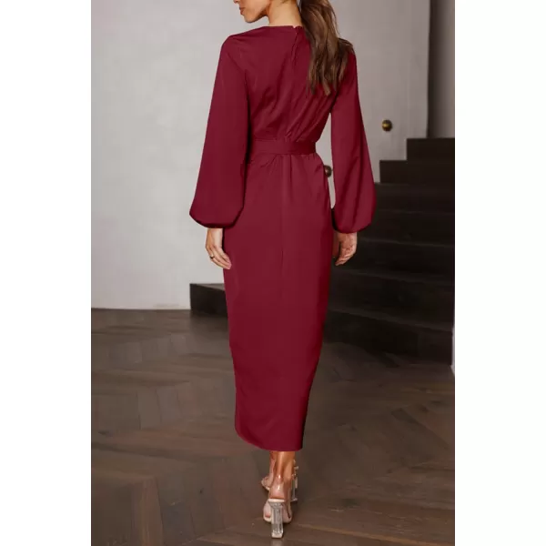 imagePRETTYGARDEN Womens Maxi Satin Puff Sleeve Wrap V Neck Ruched Belted Long Formal Cocktail DressesWine Red