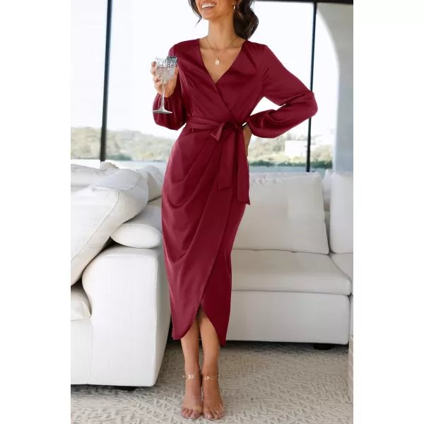 imagePRETTYGARDEN Womens Maxi Satin Puff Sleeve Wrap V Neck Ruched Belted Long Formal Cocktail DressesWine Red