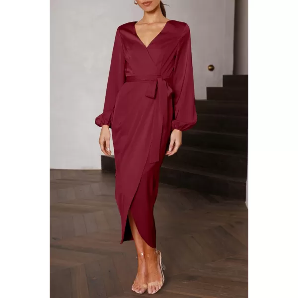 imagePRETTYGARDEN Womens Maxi Satin Puff Sleeve Wrap V Neck Ruched Belted Long Formal Cocktail DressesWine Red