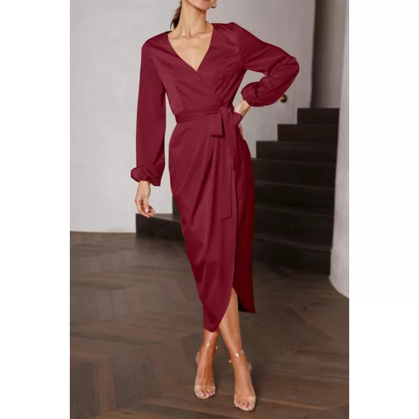imagePRETTYGARDEN Womens Maxi Satin Puff Sleeve Wrap V Neck Ruched Belted Long Formal Cocktail DressesWine Red