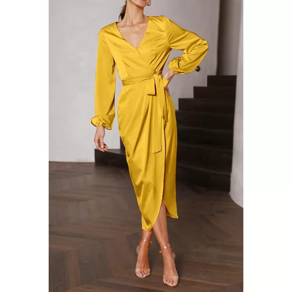 imagePRETTYGARDEN Womens Maxi Satin Puff Sleeve Wrap V Neck Ruched Belted Long Formal Cocktail DressesYellow