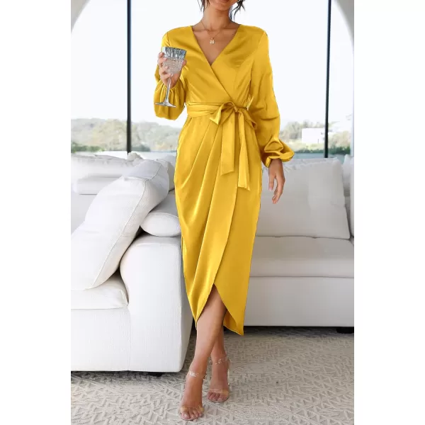 imagePRETTYGARDEN Womens Maxi Satin Puff Sleeve Wrap V Neck Ruched Belted Long Formal Cocktail DressesYellow