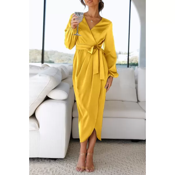imagePRETTYGARDEN Womens Maxi Satin Puff Sleeve Wrap V Neck Ruched Belted Long Formal Cocktail DressesYellow