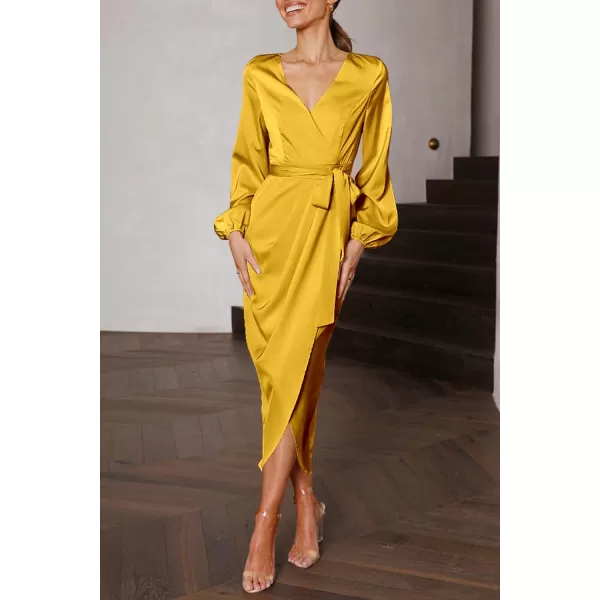 imagePRETTYGARDEN Womens Maxi Satin Puff Sleeve Wrap V Neck Ruched Belted Long Formal Cocktail DressesYellow