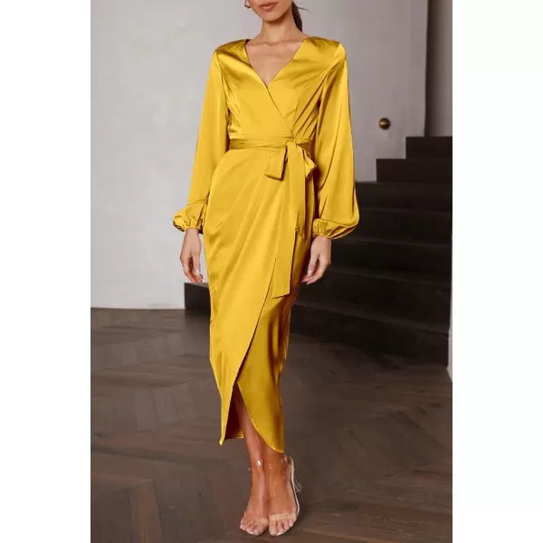 imagePRETTYGARDEN Womens Maxi Satin Puff Sleeve Wrap V Neck Ruched Belted Long Formal Cocktail DressesYellow