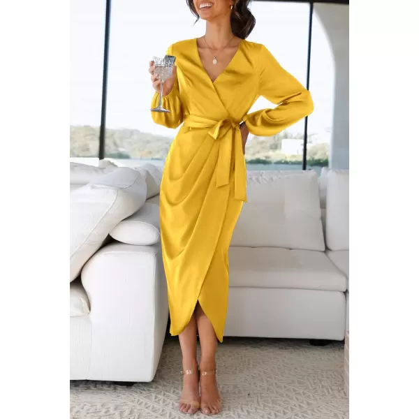 imagePRETTYGARDEN Womens Maxi Satin Puff Sleeve Wrap V Neck Ruched Belted Long Formal Cocktail DressesYellow