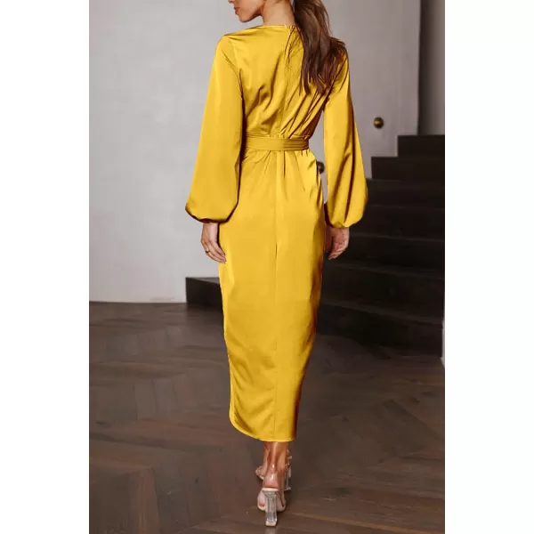 imagePRETTYGARDEN Womens Maxi Satin Puff Sleeve Wrap V Neck Ruched Belted Long Formal Cocktail DressesYellow
