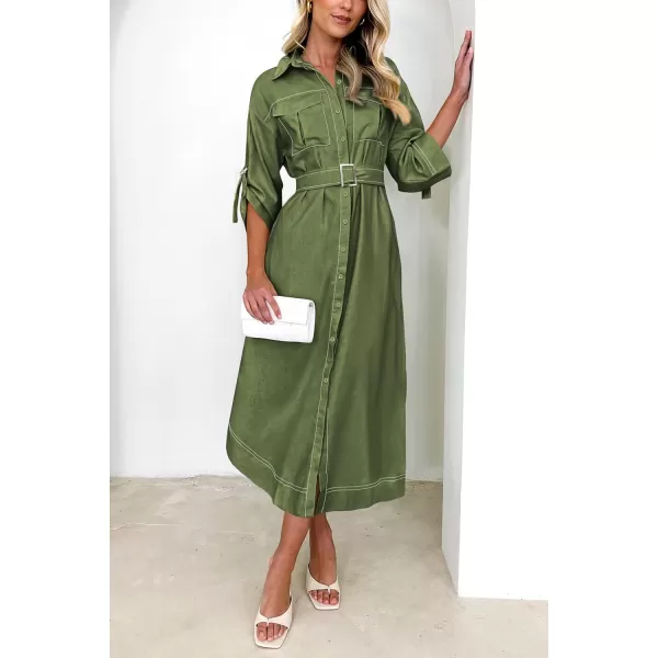 imagePRETTYGARDEN Womens Maxi Shirt Dress Casual 34 Sleeve Button Down Lapel V Neck A Line Belted Long DressesArmy Green
