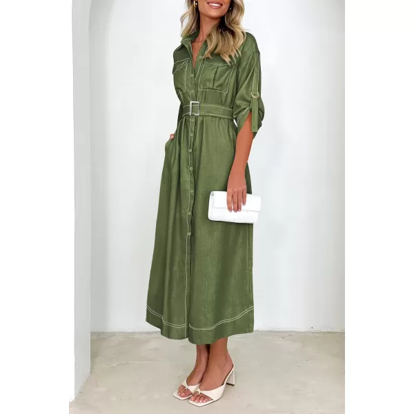 imagePRETTYGARDEN Womens Maxi Shirt Dress Casual 34 Sleeve Button Down Lapel V Neck A Line Belted Long DressesArmy Green