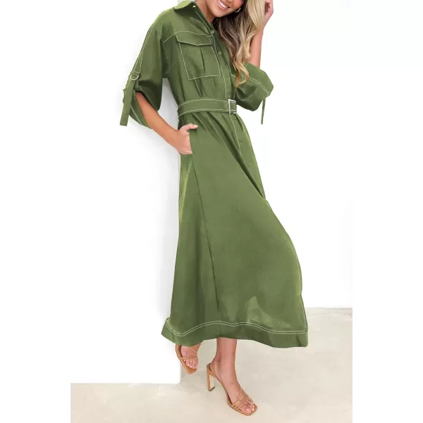 imagePRETTYGARDEN Womens Maxi Shirt Dress Casual 34 Sleeve Button Down Lapel V Neck A Line Belted Long DressesArmy Green