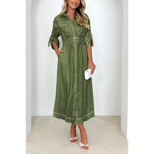 imagePRETTYGARDEN Womens Maxi Shirt Dress Casual 34 Sleeve Button Down Lapel V Neck A Line Belted Long DressesArmy Green