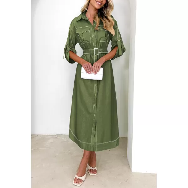 imagePRETTYGARDEN Womens Maxi Shirt Dress Casual 34 Sleeve Button Down Lapel V Neck A Line Belted Long DressesArmy Green