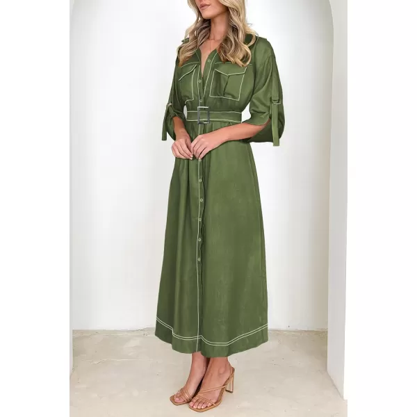 imagePRETTYGARDEN Womens Maxi Shirt Dress Casual 34 Sleeve Button Down Lapel V Neck A Line Belted Long DressesArmy Green