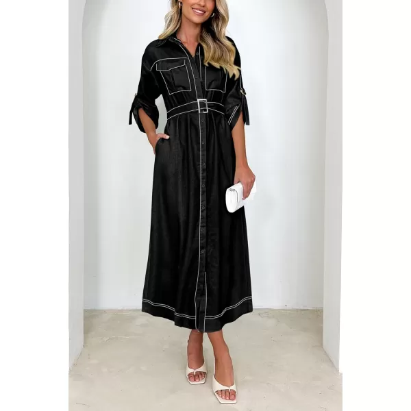imagePRETTYGARDEN Womens Maxi Shirt Dress Casual 34 Sleeve Button Down Lapel V Neck A Line Belted Long DressesBlack