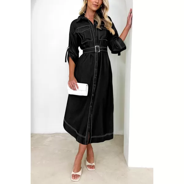 imagePRETTYGARDEN Womens Maxi Shirt Dress Casual 34 Sleeve Button Down Lapel V Neck A Line Belted Long DressesBlack
