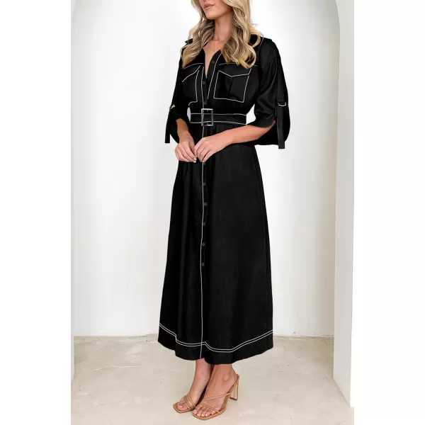 imagePRETTYGARDEN Womens Maxi Shirt Dress Casual 34 Sleeve Button Down Lapel V Neck A Line Belted Long DressesBlack