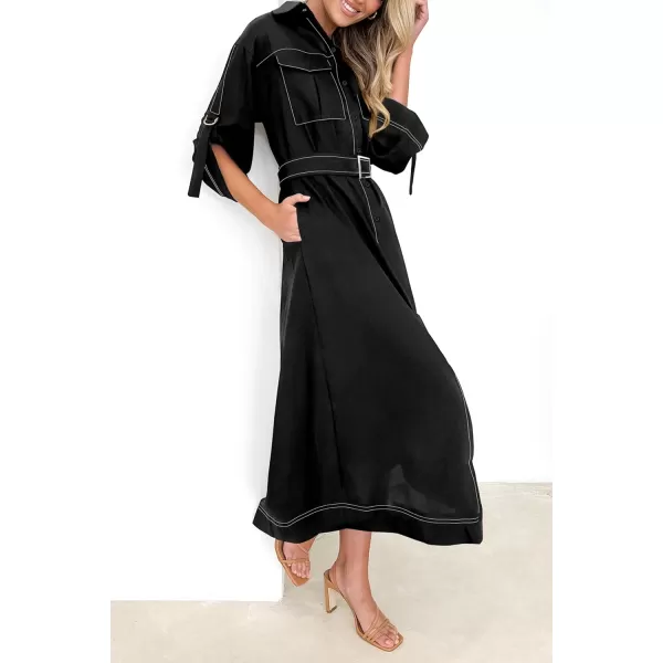 imagePRETTYGARDEN Womens Maxi Shirt Dress Casual 34 Sleeve Button Down Lapel V Neck A Line Belted Long DressesBlack