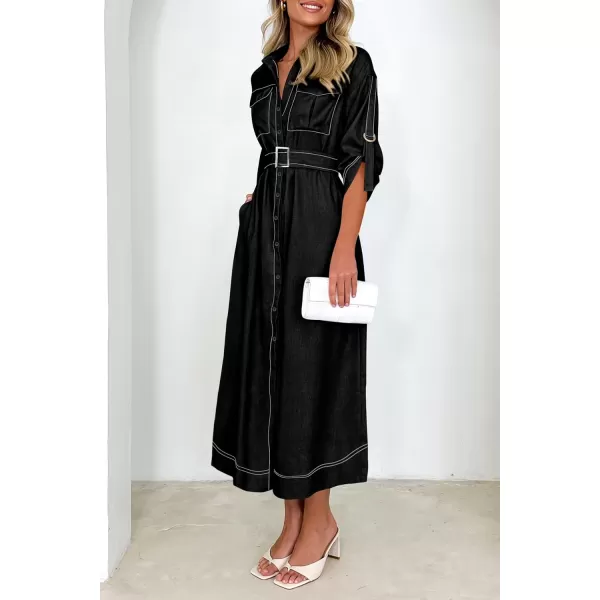 imagePRETTYGARDEN Womens Maxi Shirt Dress Casual 34 Sleeve Button Down Lapel V Neck A Line Belted Long DressesBlack