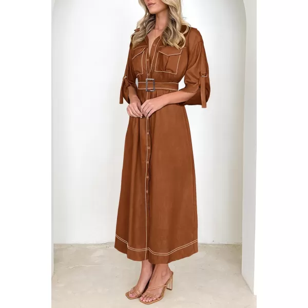 imagePRETTYGARDEN Womens Maxi Shirt Dress Casual 34 Sleeve Button Down Lapel V Neck A Line Belted Long DressesCoffee