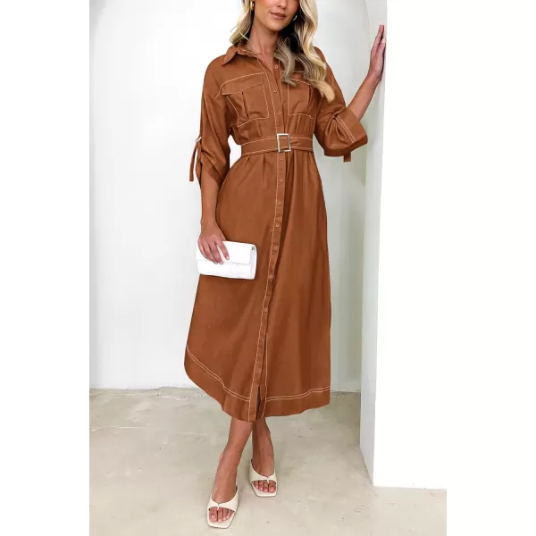imagePRETTYGARDEN Womens Maxi Shirt Dress Casual 34 Sleeve Button Down Lapel V Neck A Line Belted Long DressesCoffee