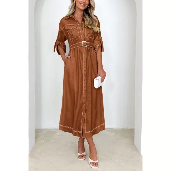 imagePRETTYGARDEN Womens Maxi Shirt Dress Casual 34 Sleeve Button Down Lapel V Neck A Line Belted Long DressesCoffee