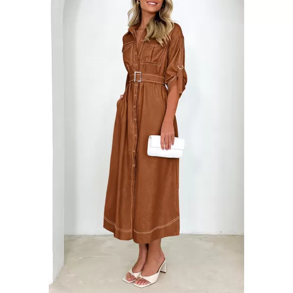 imagePRETTYGARDEN Womens Maxi Shirt Dress Casual 34 Sleeve Button Down Lapel V Neck A Line Belted Long DressesCoffee