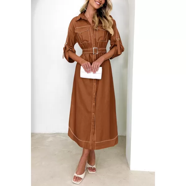 imagePRETTYGARDEN Womens Maxi Shirt Dress Casual 34 Sleeve Button Down Lapel V Neck A Line Belted Long DressesCoffee