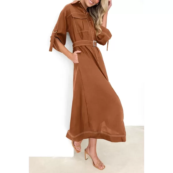 imagePRETTYGARDEN Womens Maxi Shirt Dress Casual 34 Sleeve Button Down Lapel V Neck A Line Belted Long DressesCoffee