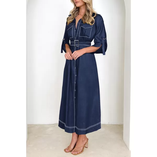 imagePRETTYGARDEN Womens Maxi Shirt Dress Casual 34 Sleeve Button Down Lapel V Neck A Line Belted Long DressesNavy