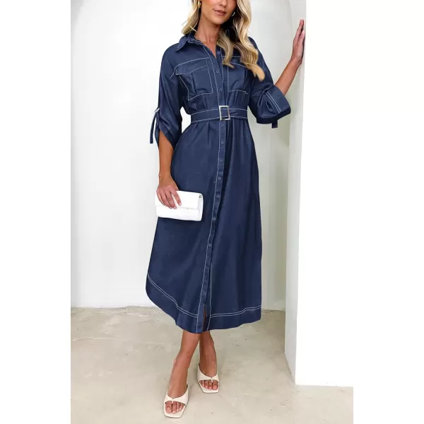 imagePRETTYGARDEN Womens Maxi Shirt Dress Casual 34 Sleeve Button Down Lapel V Neck A Line Belted Long DressesNavy