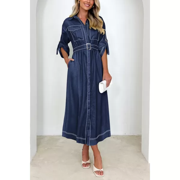 imagePRETTYGARDEN Womens Maxi Shirt Dress Casual 34 Sleeve Button Down Lapel V Neck A Line Belted Long DressesNavy