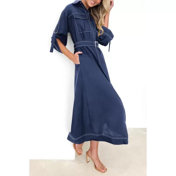 imagePRETTYGARDEN Womens Maxi Shirt Dress Casual 34 Sleeve Button Down Lapel V Neck A Line Belted Long DressesNavy