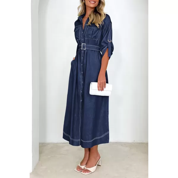 imagePRETTYGARDEN Womens Maxi Shirt Dress Casual 34 Sleeve Button Down Lapel V Neck A Line Belted Long DressesNavy