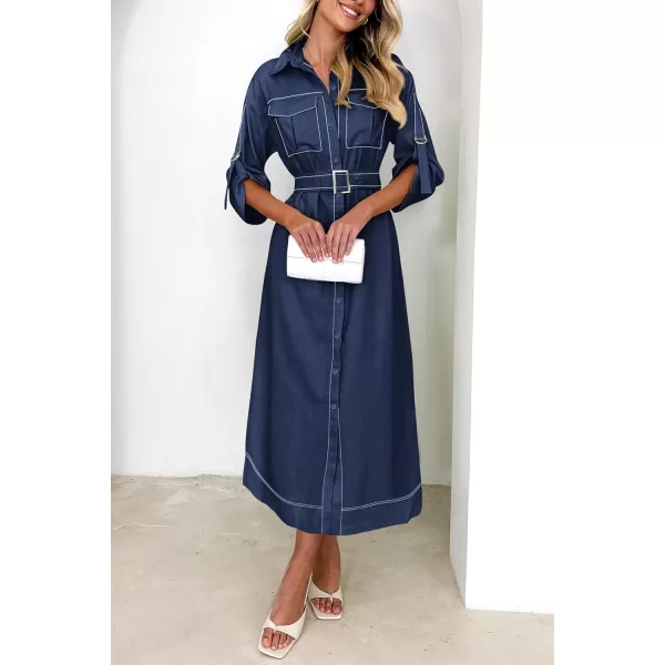 imagePRETTYGARDEN Womens Maxi Shirt Dress Casual 34 Sleeve Button Down Lapel V Neck A Line Belted Long DressesNavy