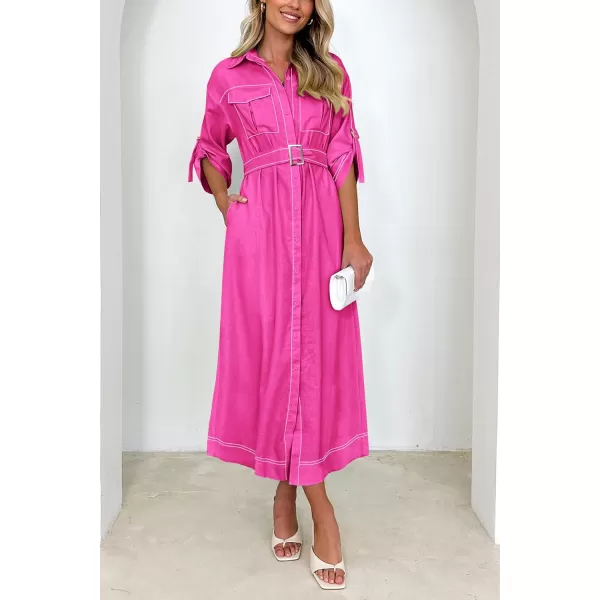 imagePRETTYGARDEN Womens Maxi Shirt Dress Casual 34 Sleeve Button Down Lapel V Neck A Line Belted Long DressesRose Red