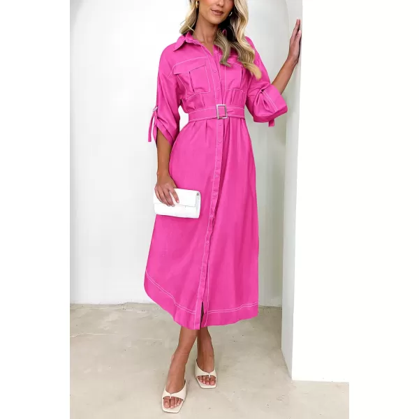imagePRETTYGARDEN Womens Maxi Shirt Dress Casual 34 Sleeve Button Down Lapel V Neck A Line Belted Long DressesRose Red