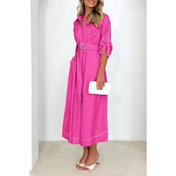 imagePRETTYGARDEN Womens Maxi Shirt Dress Casual 34 Sleeve Button Down Lapel V Neck A Line Belted Long DressesRose Red