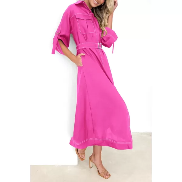 imagePRETTYGARDEN Womens Maxi Shirt Dress Casual 34 Sleeve Button Down Lapel V Neck A Line Belted Long DressesRose Red