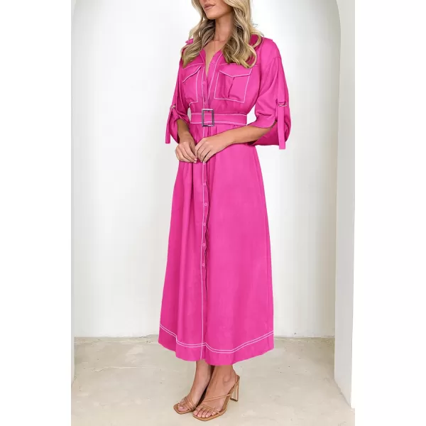 imagePRETTYGARDEN Womens Maxi Shirt Dress Casual 34 Sleeve Button Down Lapel V Neck A Line Belted Long DressesRose Red