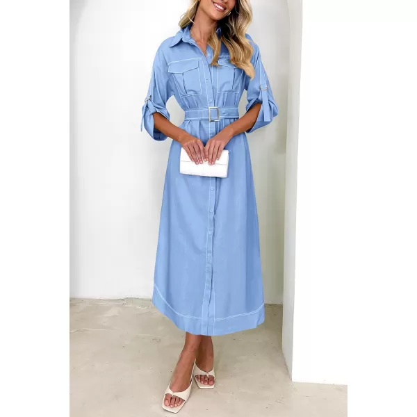 imagePRETTYGARDEN Womens Maxi Shirt Dress Casual 34 Sleeve Button Down Lapel V Neck A Line Belted Long DressesSky Blue
