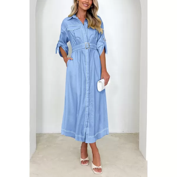 imagePRETTYGARDEN Womens Maxi Shirt Dress Casual 34 Sleeve Button Down Lapel V Neck A Line Belted Long DressesSky Blue