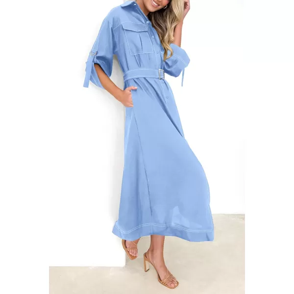 imagePRETTYGARDEN Womens Maxi Shirt Dress Casual 34 Sleeve Button Down Lapel V Neck A Line Belted Long DressesSky Blue