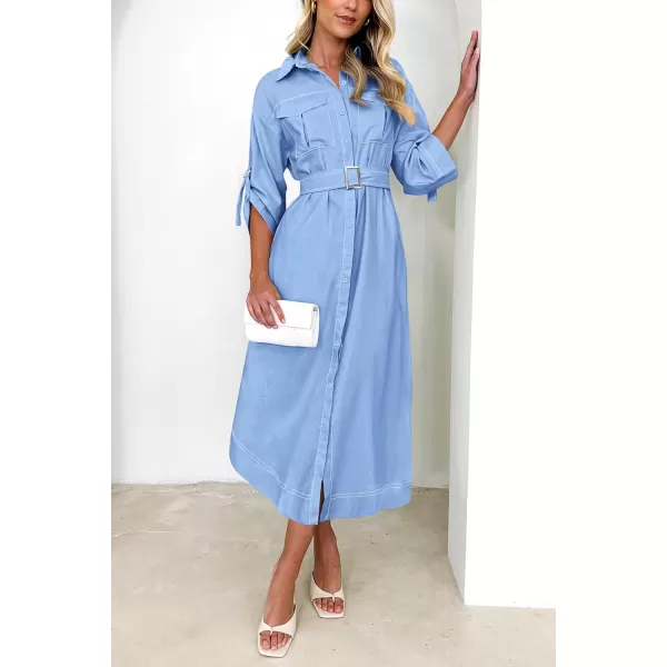 imagePRETTYGARDEN Womens Maxi Shirt Dress Casual 34 Sleeve Button Down Lapel V Neck A Line Belted Long DressesSky Blue